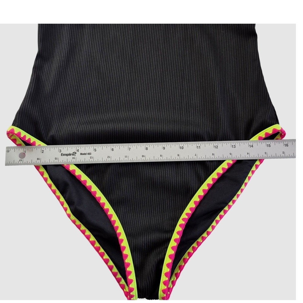 Popvil Womens One Piece Swimsuit Black Ribbed Neon Ric Rac Trim Size Large - Picture 2 of 7